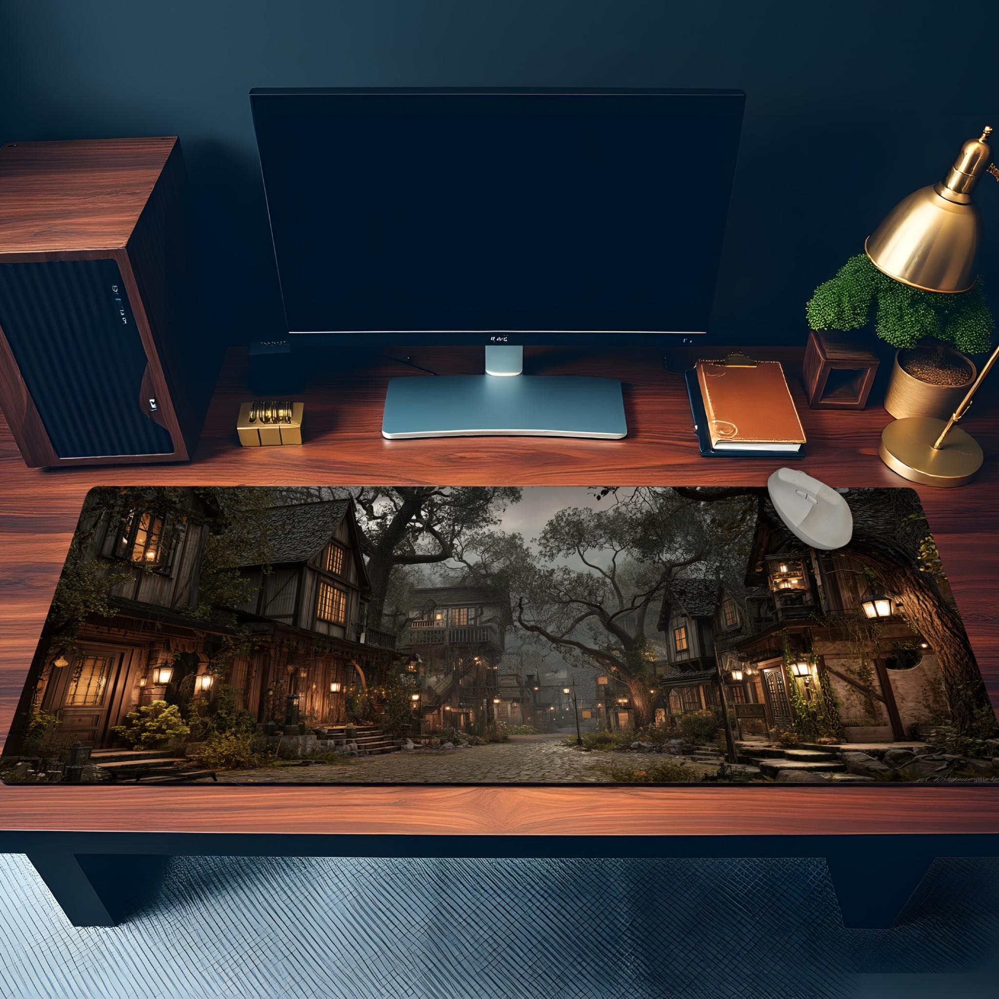 Misty Medieval Village Desk Mat | RPG Story Fantasy Mouse Pad with Warm Lanterns and Cobblestone in Autumn Colors