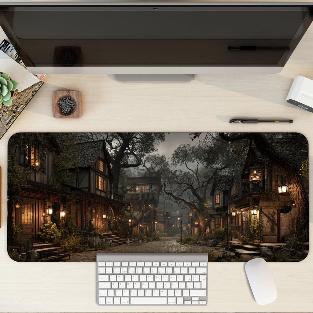 Misty Medieval Village Desk Mat | RPG Story Fantasy Mouse Pad with Warm Lanterns and Cobblestone in Autumn Colors