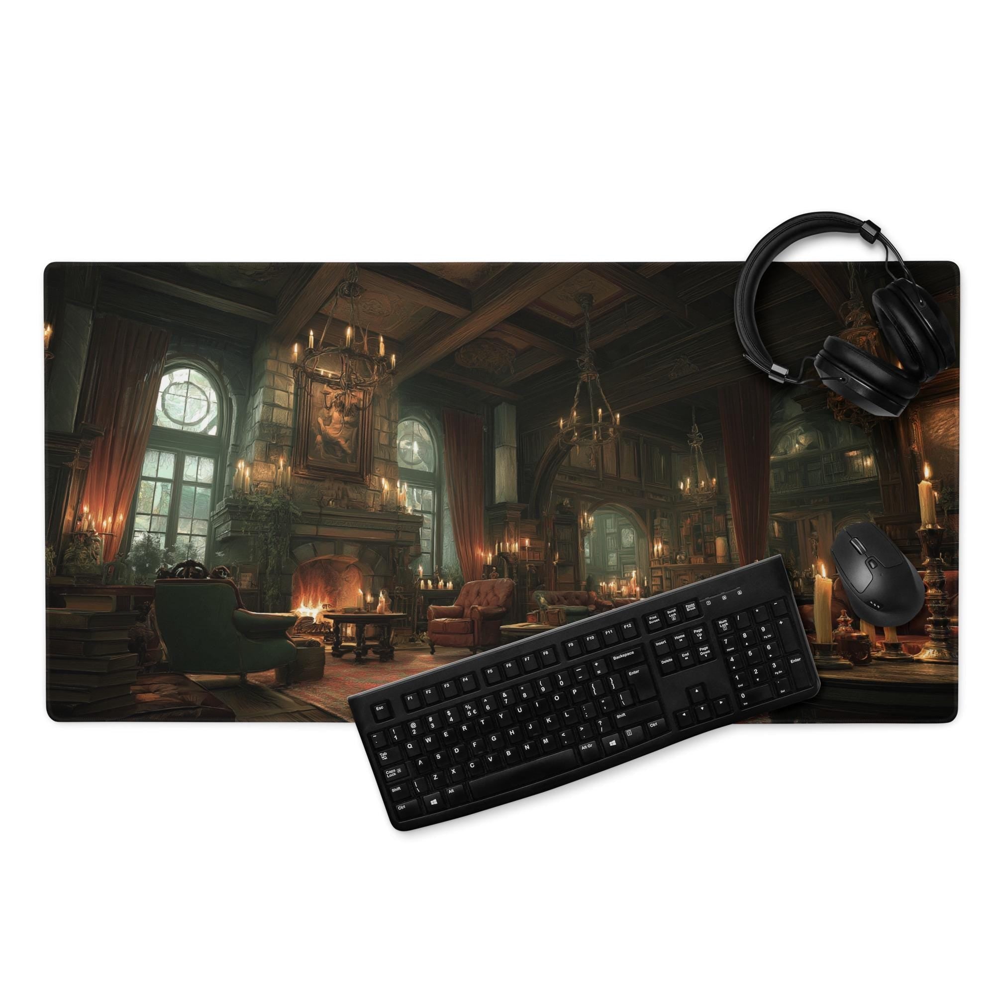 Gothic Manor Library Desk Mat | Dark Academia Mouse Pad with Vintage Study Room Scene in Rich Amber and Forest Green | Mystery Fantasy Art