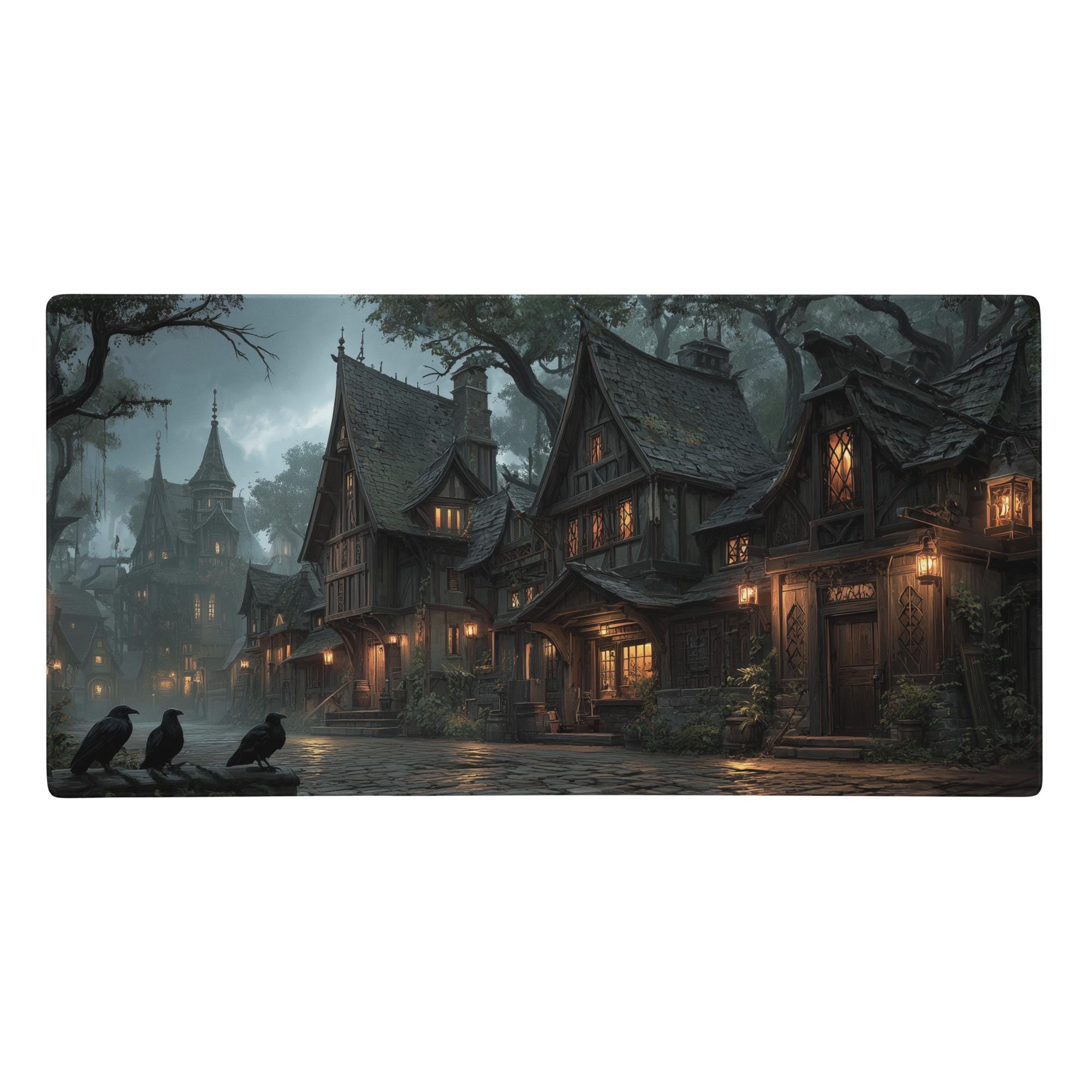 Gothic Witchy Village Desk Mat | Medieval Town Mouse Pad with Ravens and Lantern Light in Moody Gray, Orange Dark Academia tones