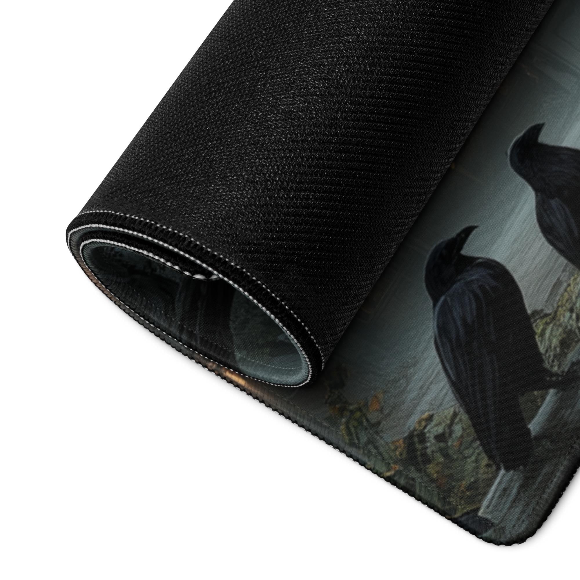 Gothic Witchy Village Desk Mat | Medieval Town Mouse Pad with Ravens and Lantern Light in Moody Gray, Orange Dark Academia tones