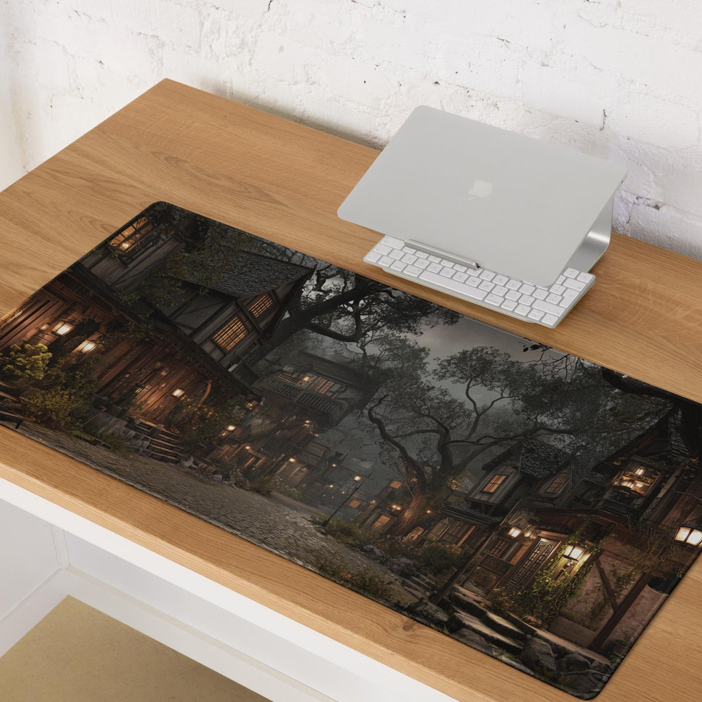 Misty Medieval Village Desk Mat | RPG Story Fantasy Mouse Pad with Warm Lanterns and Cobblestone in Autumn Colors