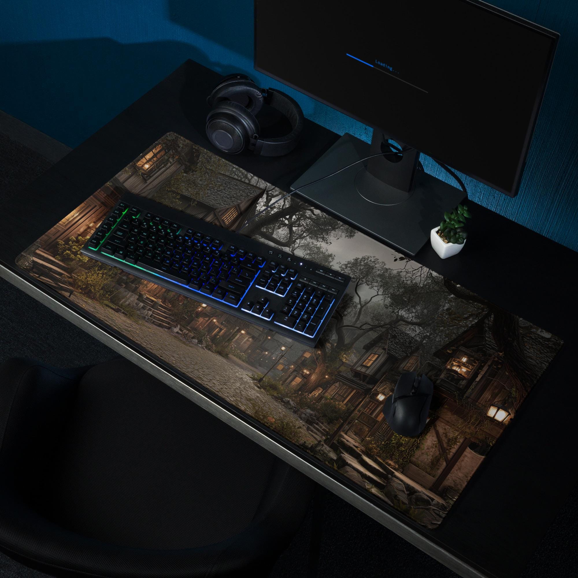 Misty Medieval Village Desk Mat | RPG Story Fantasy Mouse Pad with Warm Lanterns and Cobblestone in Autumn Colors