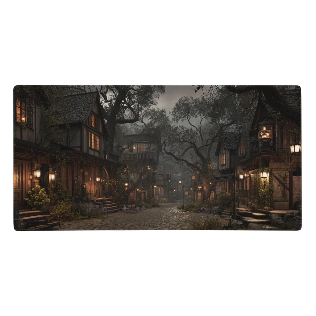Misty Medieval Village Desk Mat | RPG Story Fantasy Mouse Pad with Warm Lanterns and Cobblestone in Autumn Colors