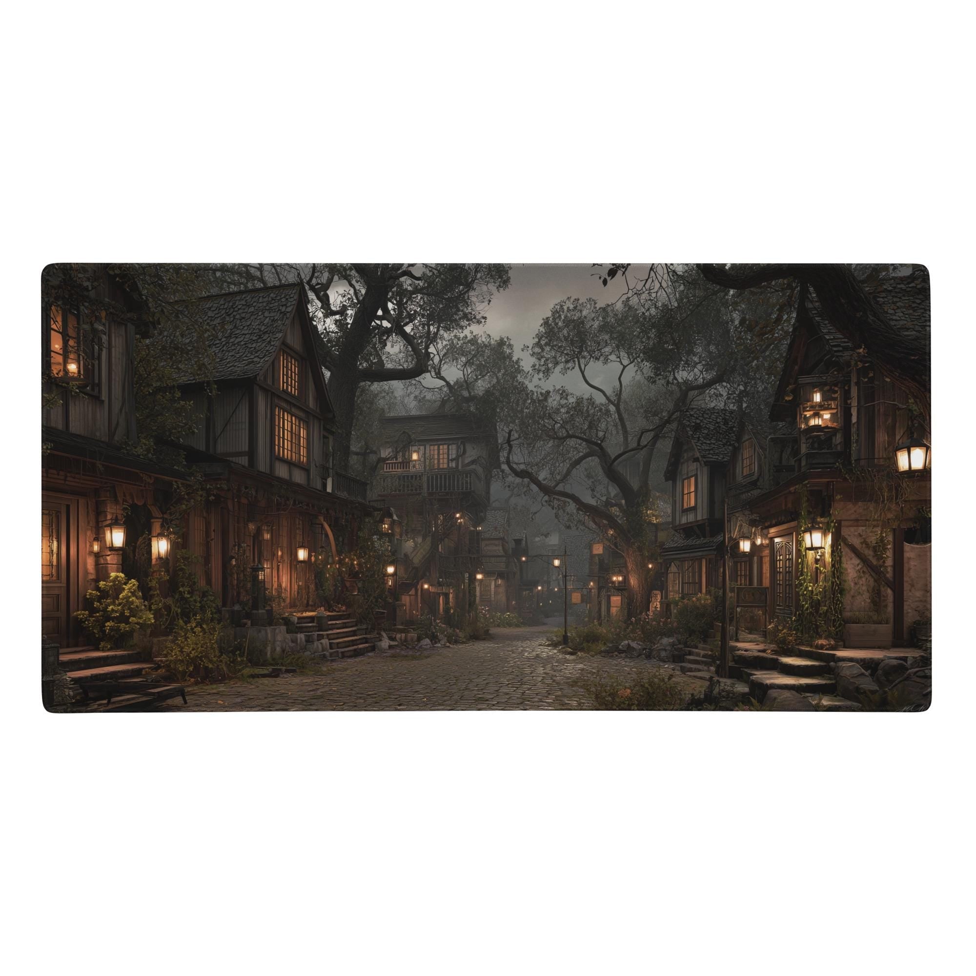 Misty Medieval Village Desk Mat | RPG Story Fantasy Mouse Pad with Warm Lanterns and Cobblestone in Autumn Colors