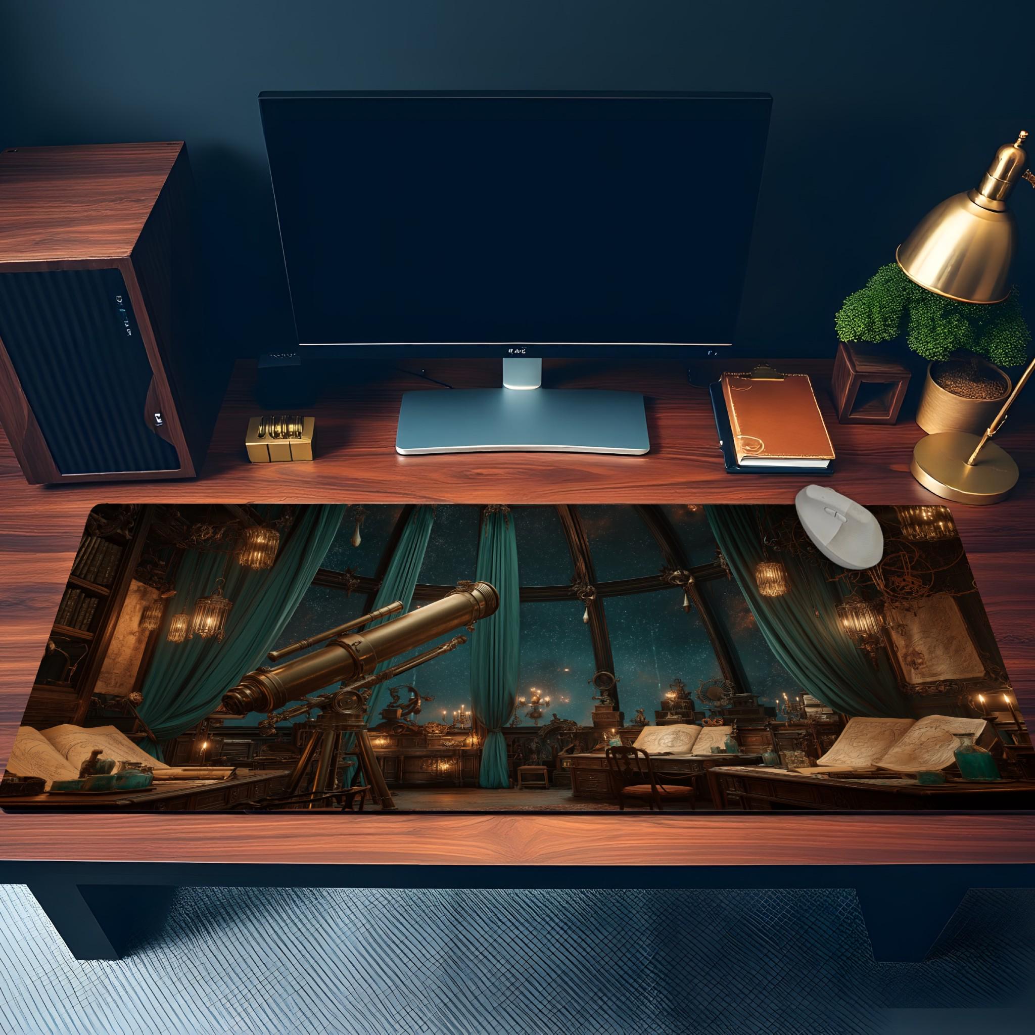 Green Celestial Desk Mat | Large Mouse Pad | Telescope Steampunk Fantasy Mouse Pad for Cozy Aesthetic Desk Decor