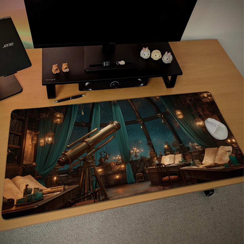 Green Celestial Desk Mat | Large Mouse Pad | Telescope Steampunk Fantasy Mouse Pad for Cozy Aesthetic Desk Decor