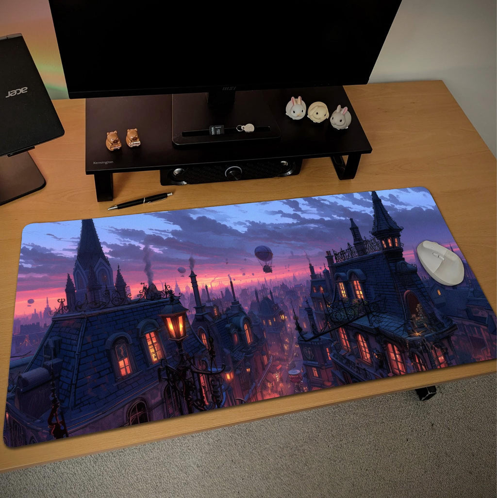 Gaslamp Fantasy City Skyline Desk Mat | Victorian Rooftop Mouse Pad | Large Steampunk Desk Pad