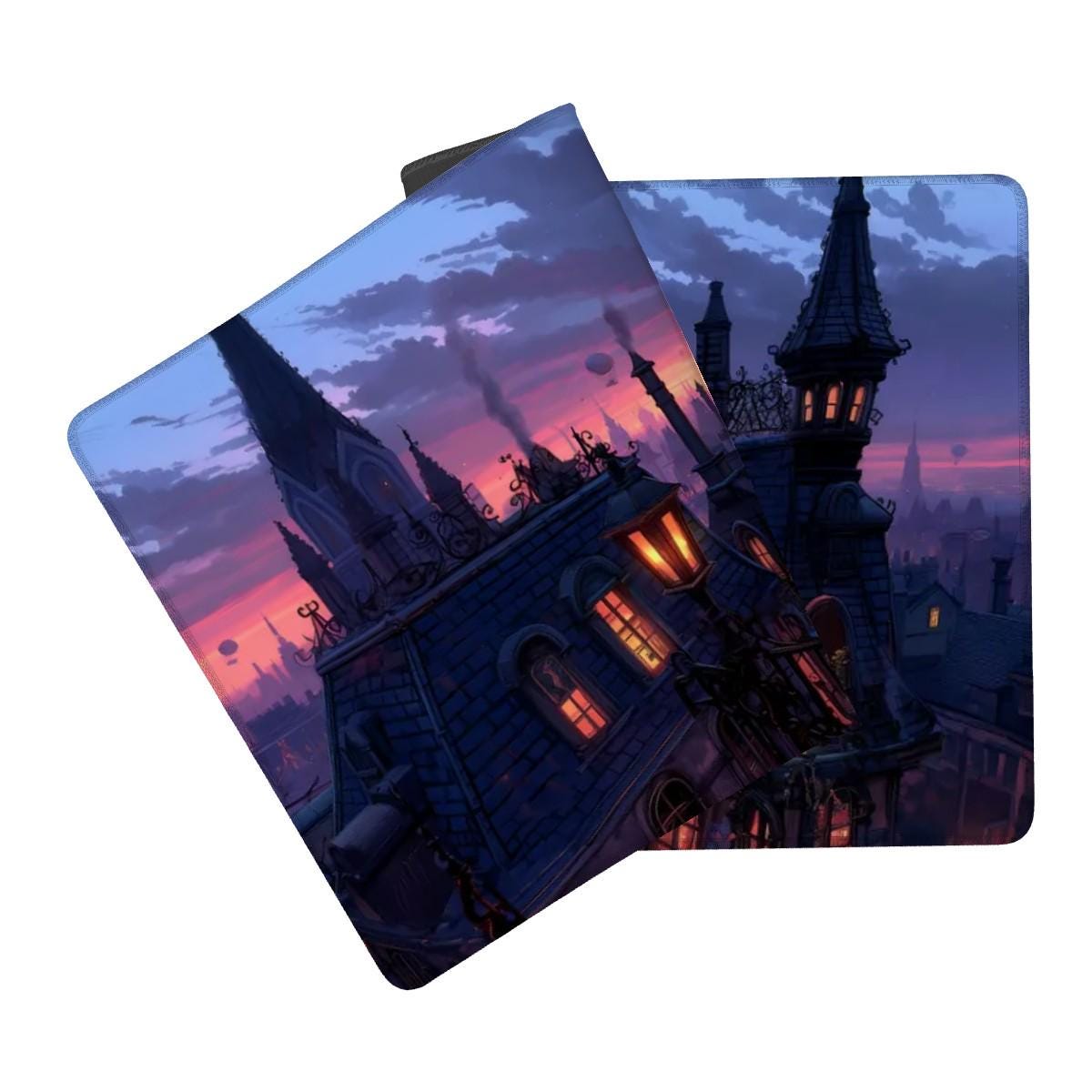 Gaslamp Fantasy City Skyline Desk Mat | Victorian Rooftop Mouse Pad | Large Steampunk Desk Pad