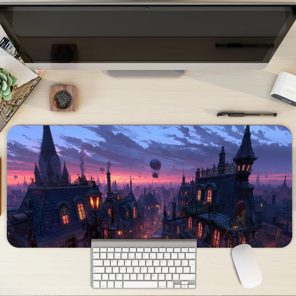 Gaslamp Fantasy City Skyline Desk Mat | Victorian Rooftop Mouse Pad | Large Steampunk Desk Pad
