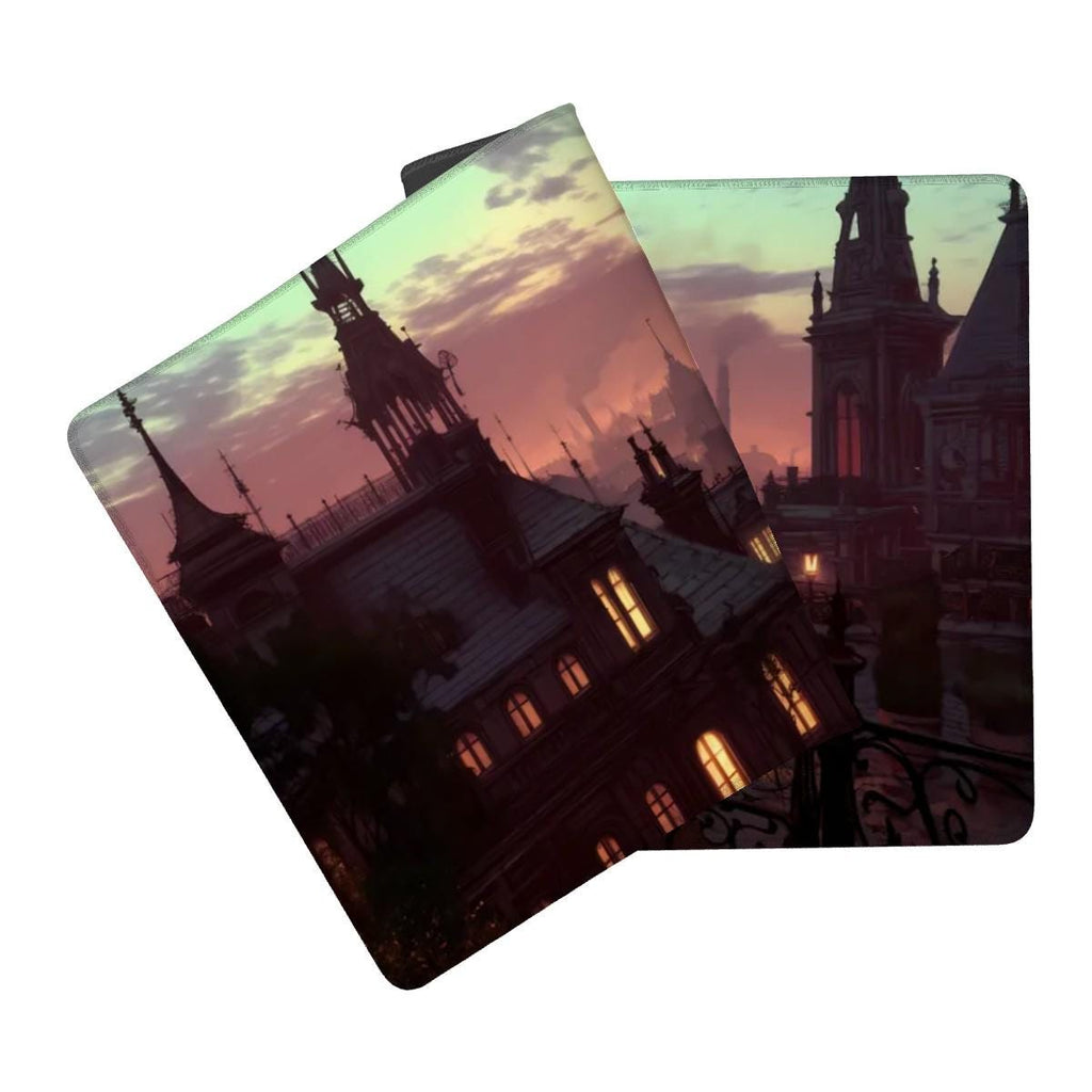 Fantasy Skyline Mouse Pad | Large Rooftop Desk Mat | Steampunk Cityscape Desk Pad for Gamers, TCG and RPG theme
