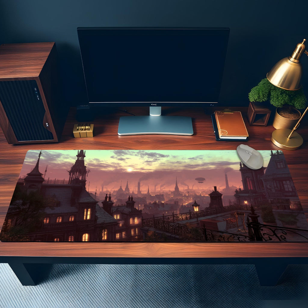 Fantasy Skyline Mouse Pad | Large Rooftop Desk Mat | Steampunk Cityscape Desk Pad for Gamers, TCG and RPG theme