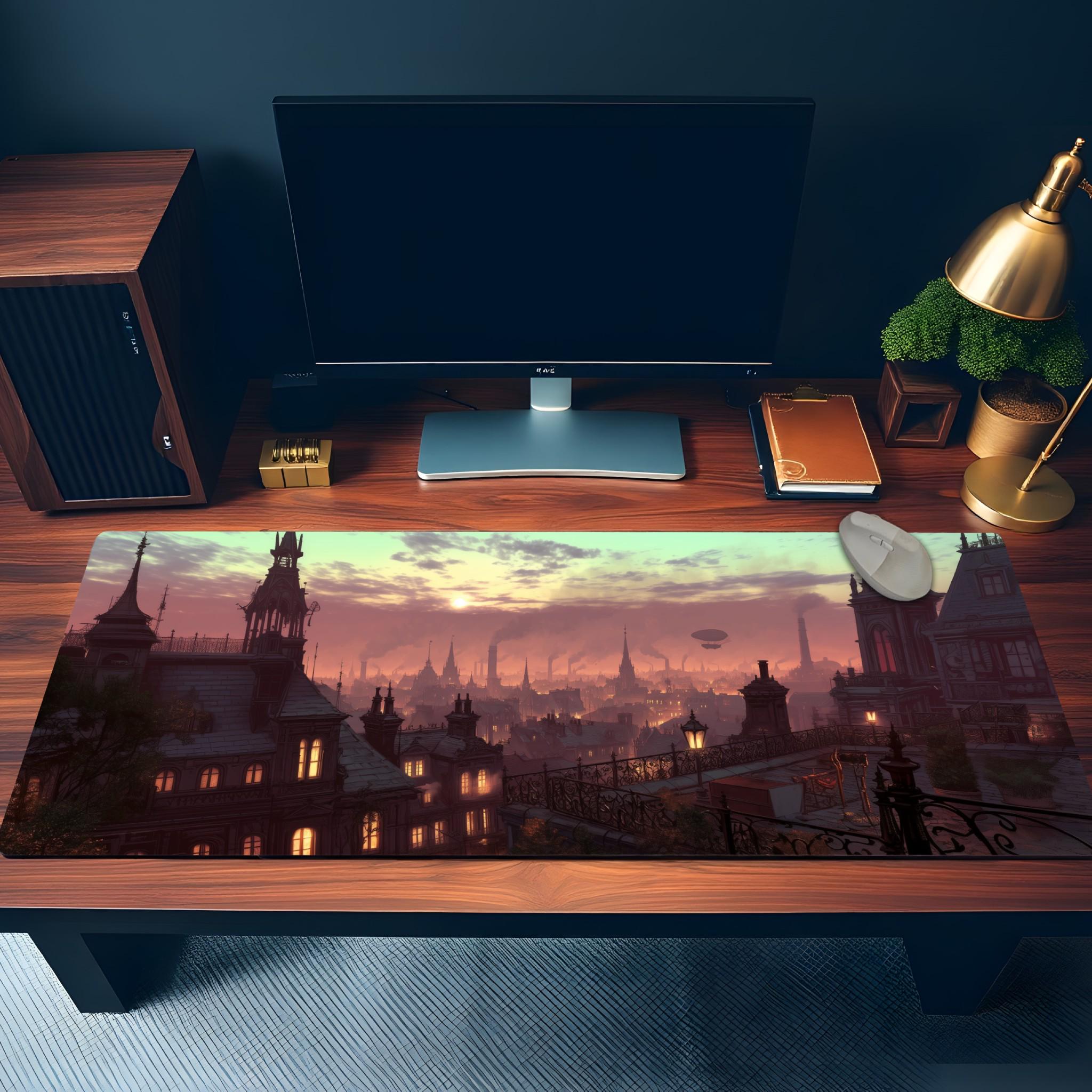 Fantasy Skyline Mouse Pad | Large Rooftop Desk Mat | Steampunk Cityscape Desk Pad for Gamers, TCG and RPG theme