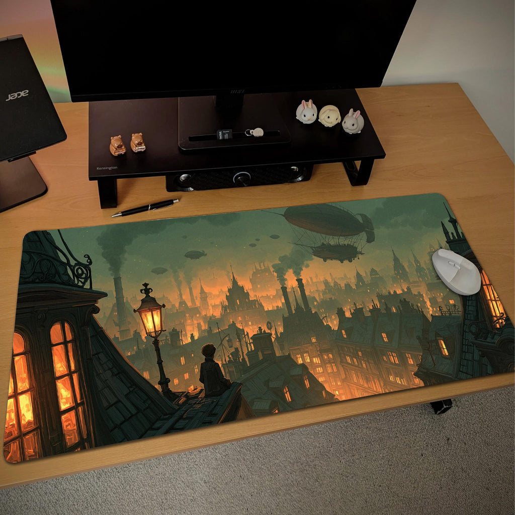 Fantasy City Skyline Desk Mat | Victorian Rooftops, Airships | Moody Steampunk Urban Landscape | Cinematic Dark Academia Desk Decor
