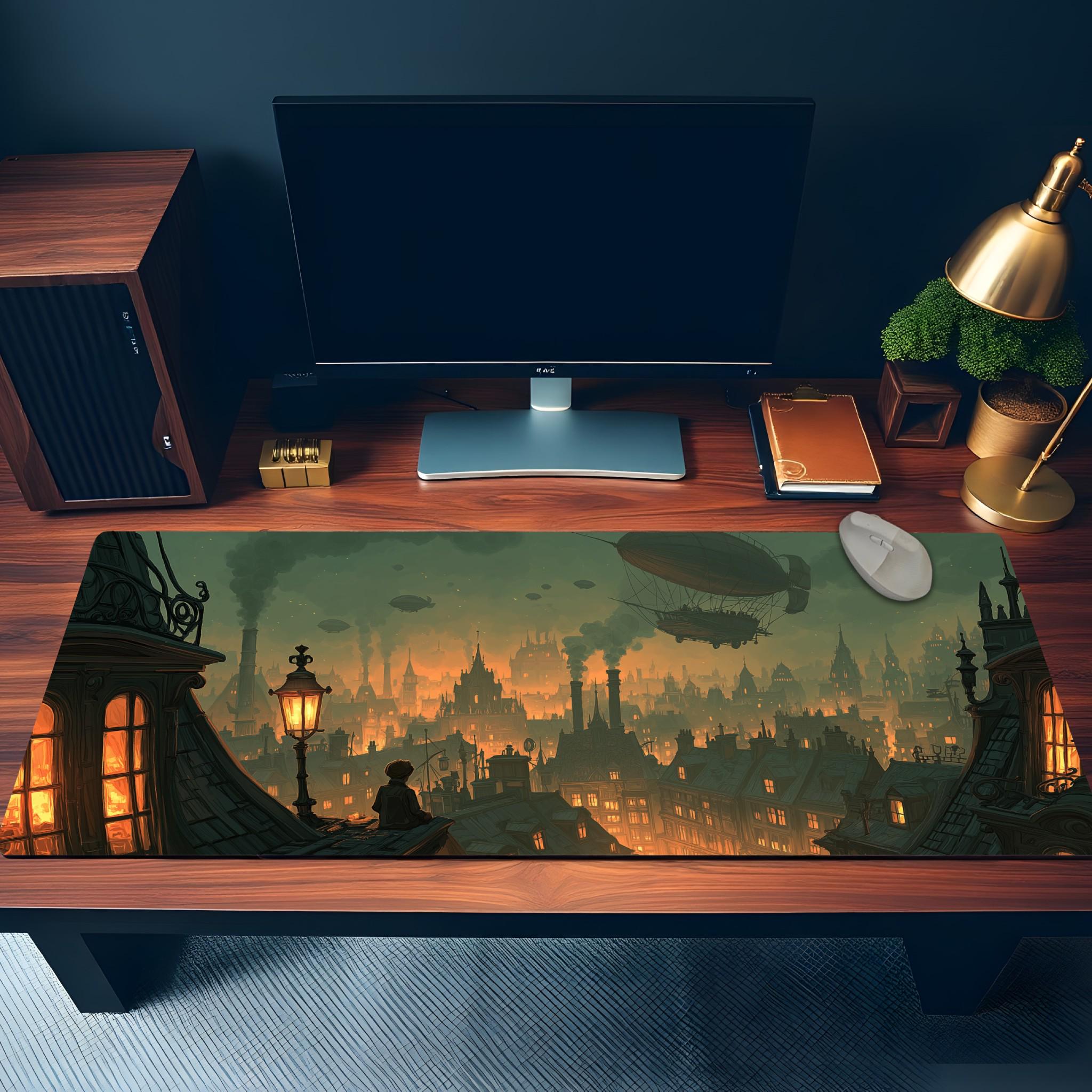 Fantasy City Skyline Desk Mat | Victorian Rooftops, Airships | Moody Steampunk Urban Landscape | Cinematic Dark Academia Desk Decor