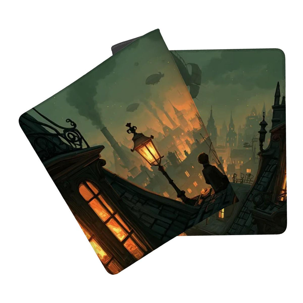 Fantasy City Skyline Desk Mat | Victorian Rooftops, Airships | Moody Steampunk Urban Landscape | Cinematic Dark Academia Desk Decor
