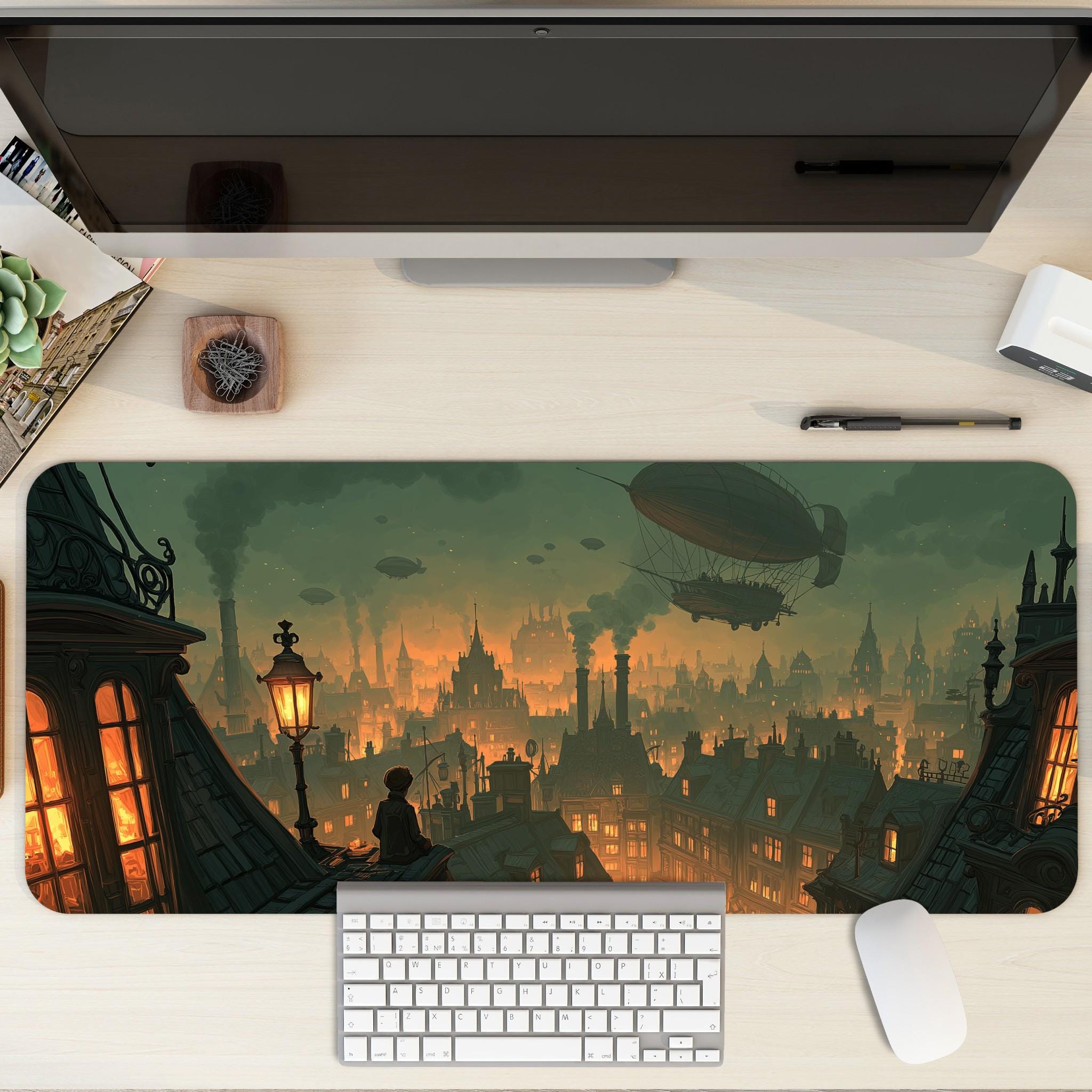 Fantasy City Skyline Desk Mat | Victorian Rooftops, Airships | Moody Steampunk Urban Landscape | Cinematic Dark Academia Desk Decor