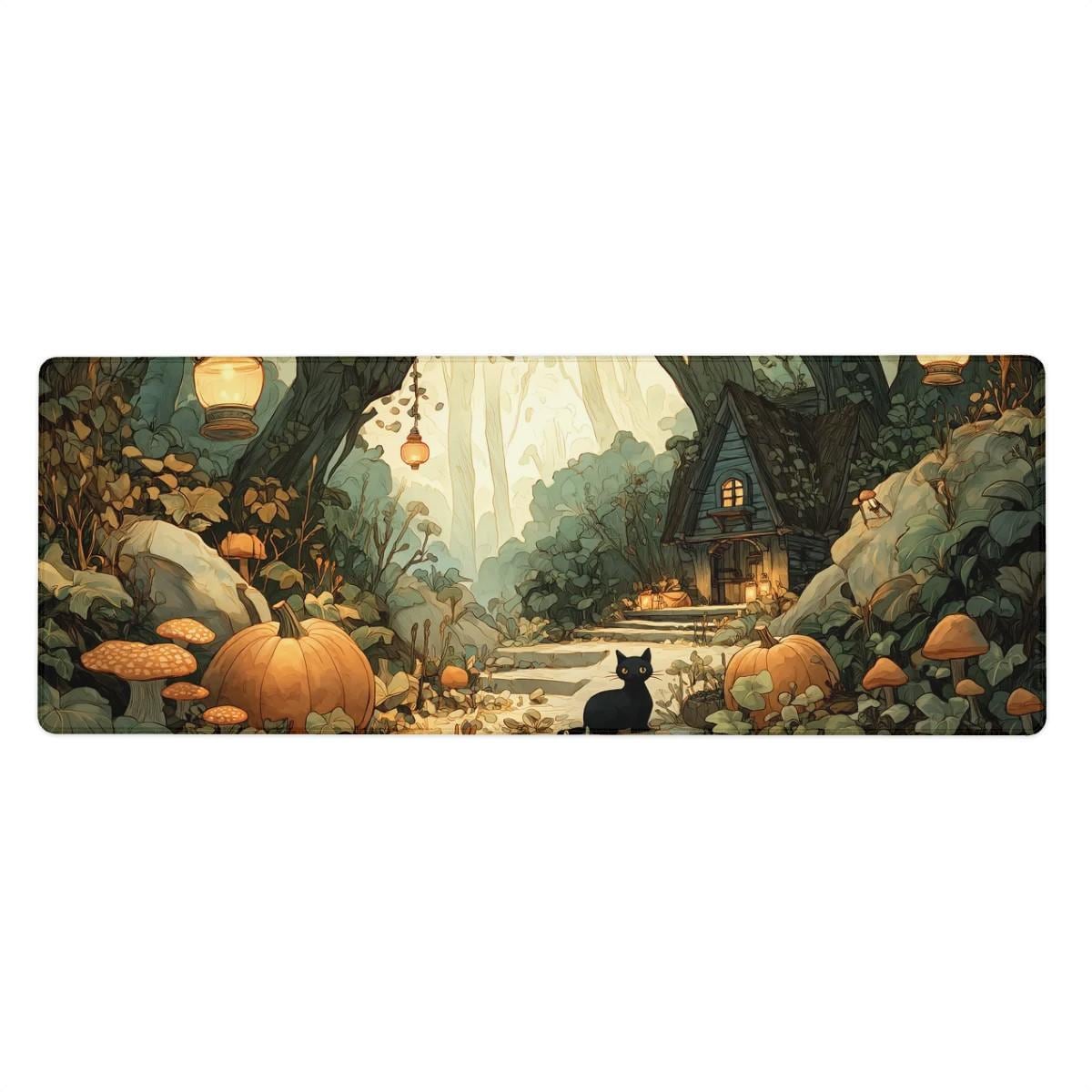Cozy Autumn Forest Desk Mat | Halloween Black Cat Large Mouse Pad - Cottagecore Pumpkin Aesthetic XL Gaming & Office Desk Pad