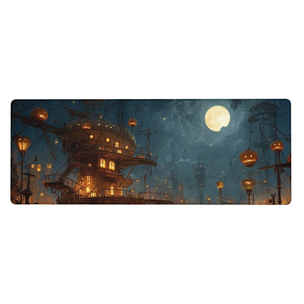 Steampunk Halloween House Desk Mat | Spooky Large Mouse Pad Jack O Lantern Pumpkin, Fantasy Moon Night, Gaming Desk Setup Gift and Accessory