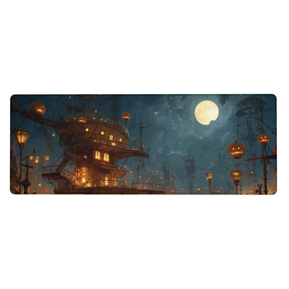 Steampunk Halloween House Desk Mat | Spooky Large Mouse Pad Jack O Lantern Pumpkin, Fantasy Moon Night, Gaming Desk Setup Gift and Accessory