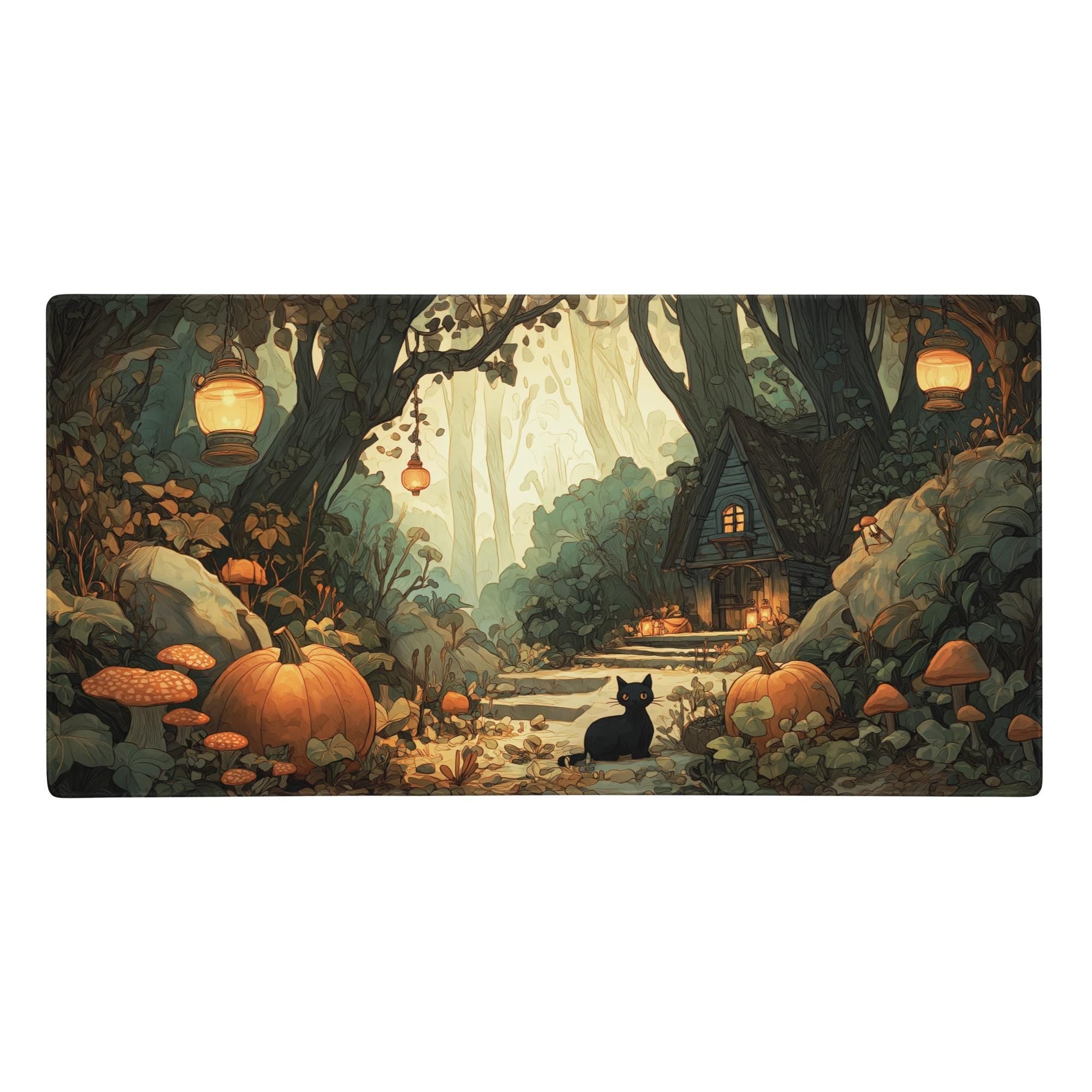 Cozy Autumn Forest Desk Mat | Halloween Black Cat Large Mouse Pad - Cottagecore Pumpkin Aesthetic XL Gaming & Office Desk Pad