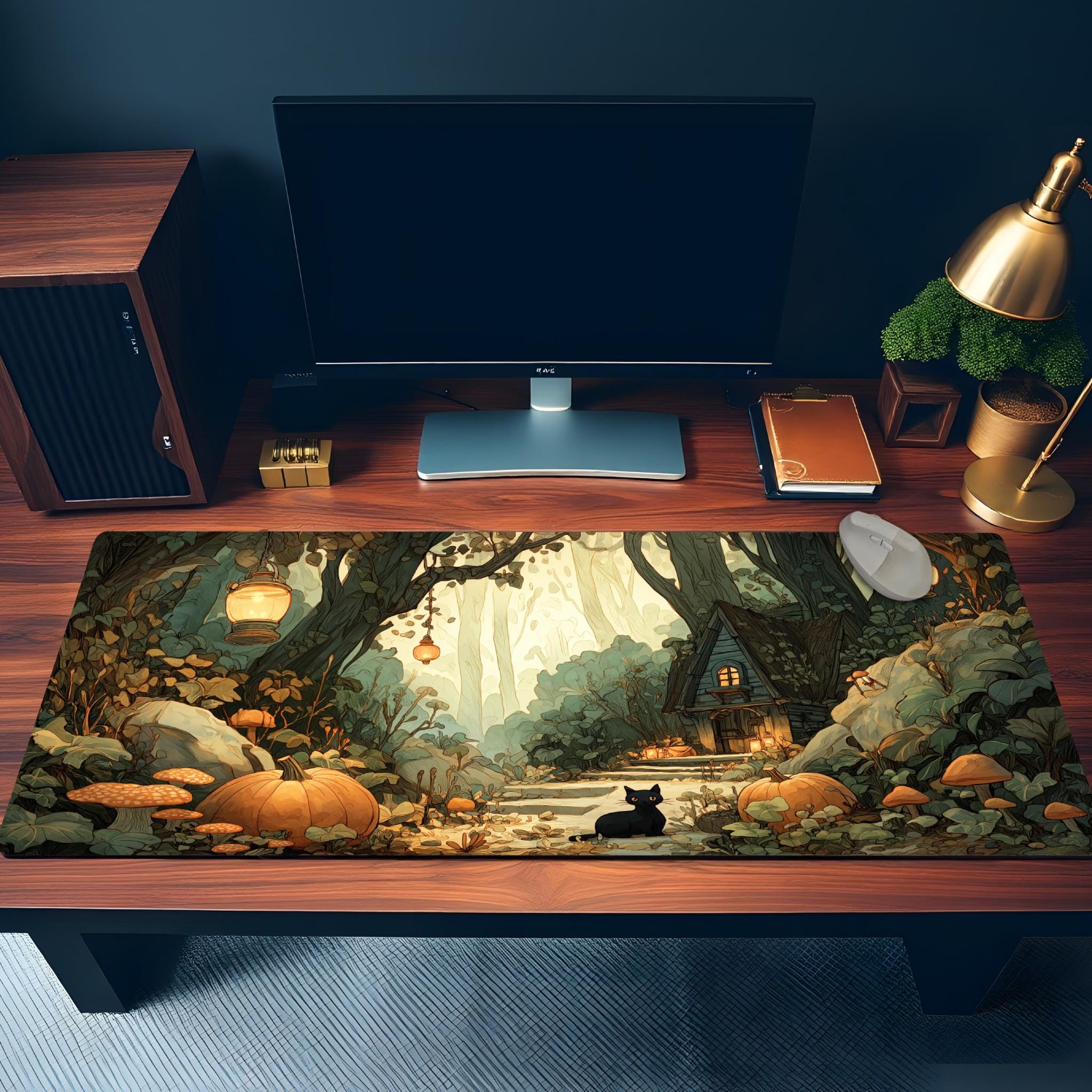 Cozy Autumn Forest Desk Mat | Halloween Black Cat Large Mouse Pad - Cottagecore Pumpkin Aesthetic XL Gaming & Office Desk Pad
