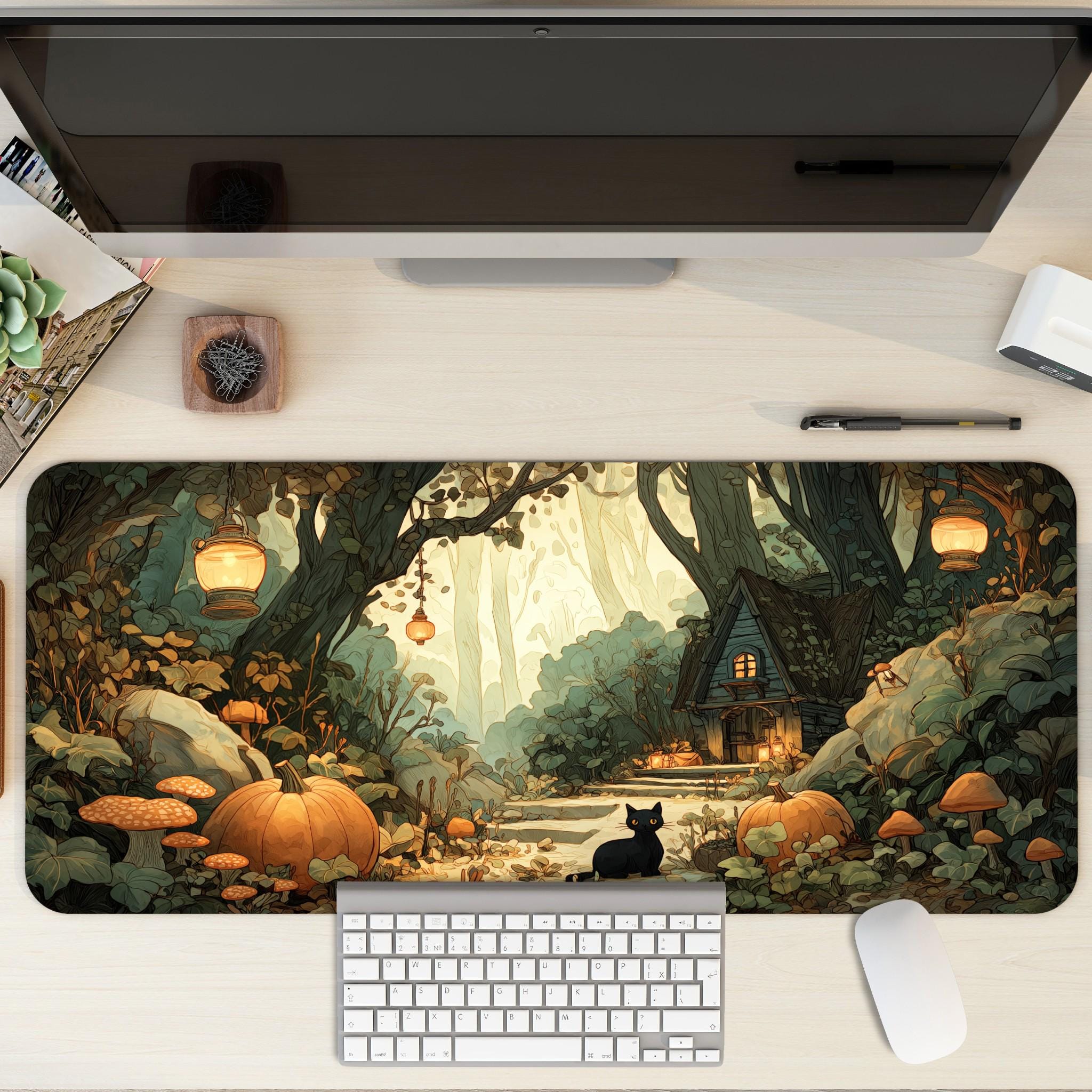 Cozy Autumn Forest Desk Mat | Halloween Black Cat Large Mouse Pad - Cottagecore Pumpkin Aesthetic XL Gaming & Office Desk Pad