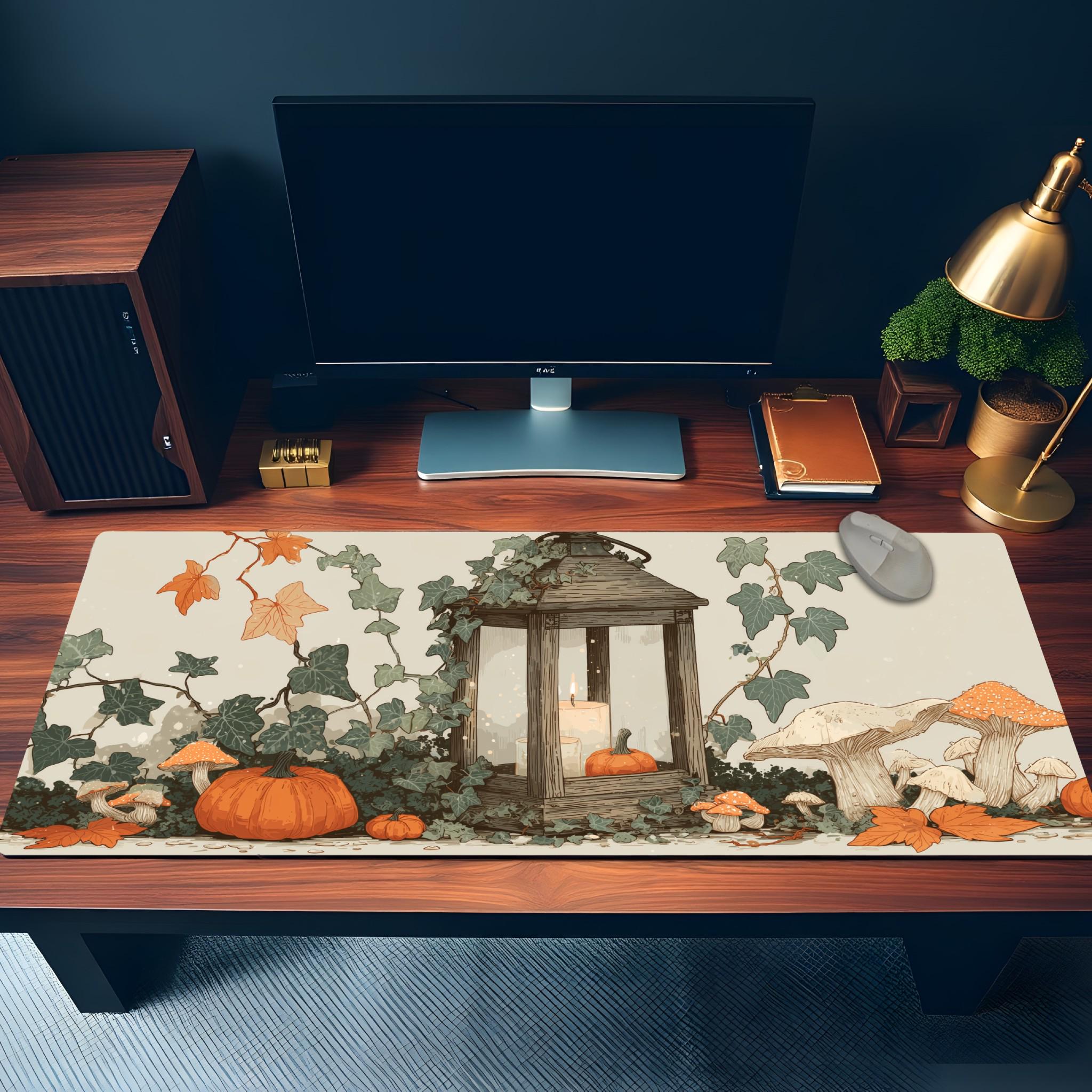 Halloween Cottagecore Desk Mat | Large Mouse Pad, Pumpkin Mushroom Botanical Design | Cozy Gaming and Desk Accessories