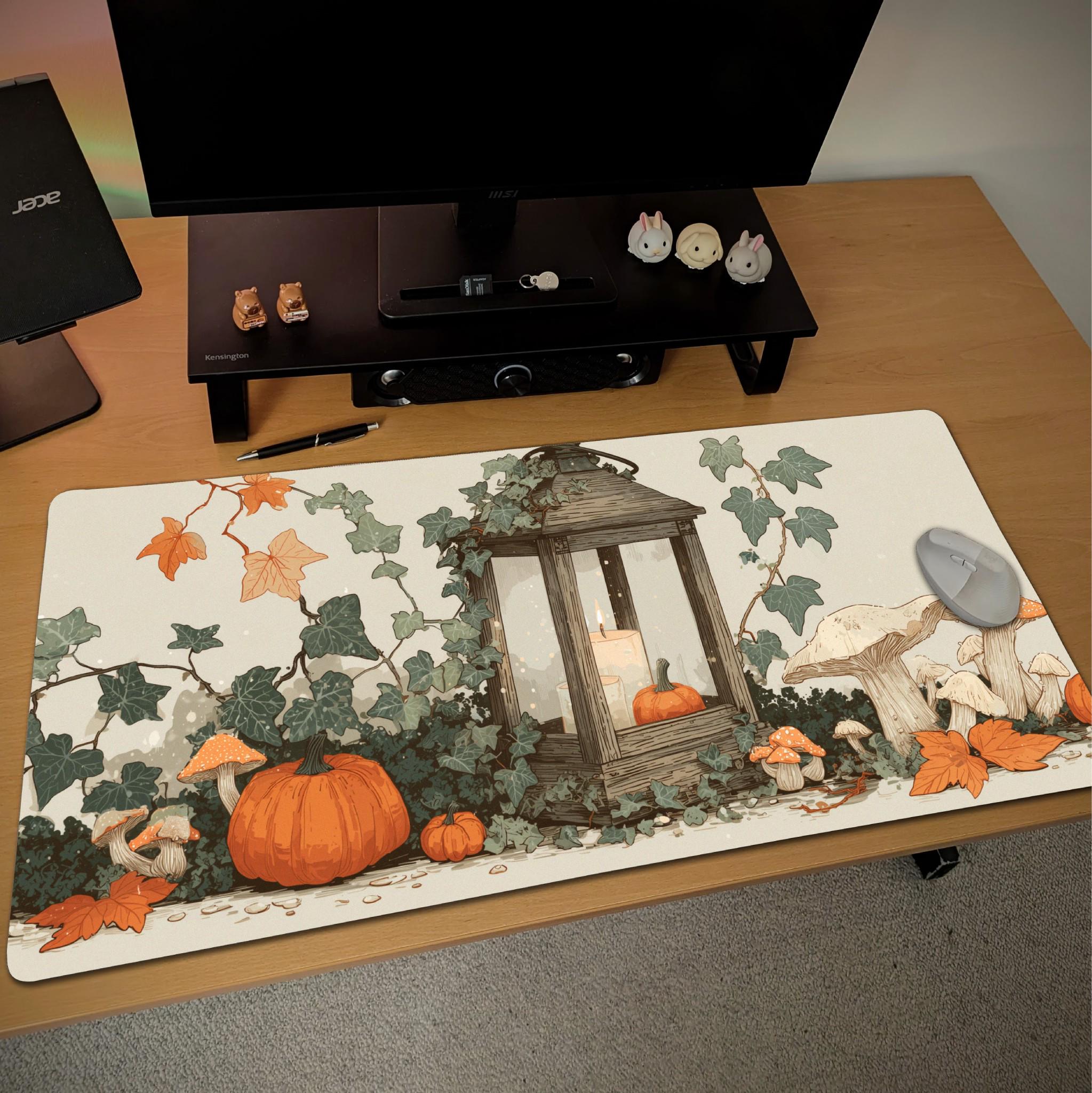 Halloween Cottagecore Desk Mat | Large Mouse Pad, Pumpkin Mushroom Botanical Design | Cozy Gaming and Desk Accessories
