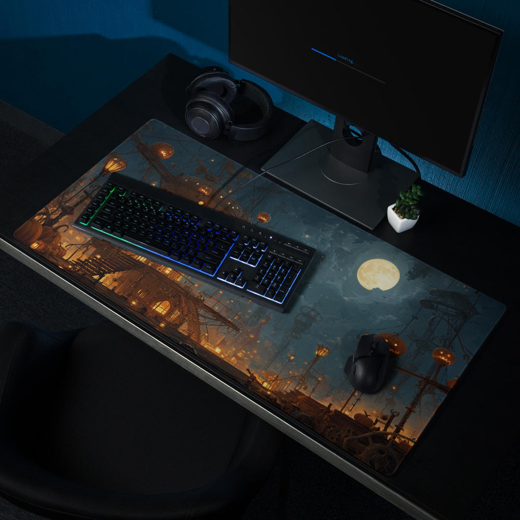 Steampunk Halloween House Desk Mat | Spooky Large Mouse Pad Jack O Lantern Pumpkin, Fantasy Moon Night, Gaming Desk Setup Gift and Accessory