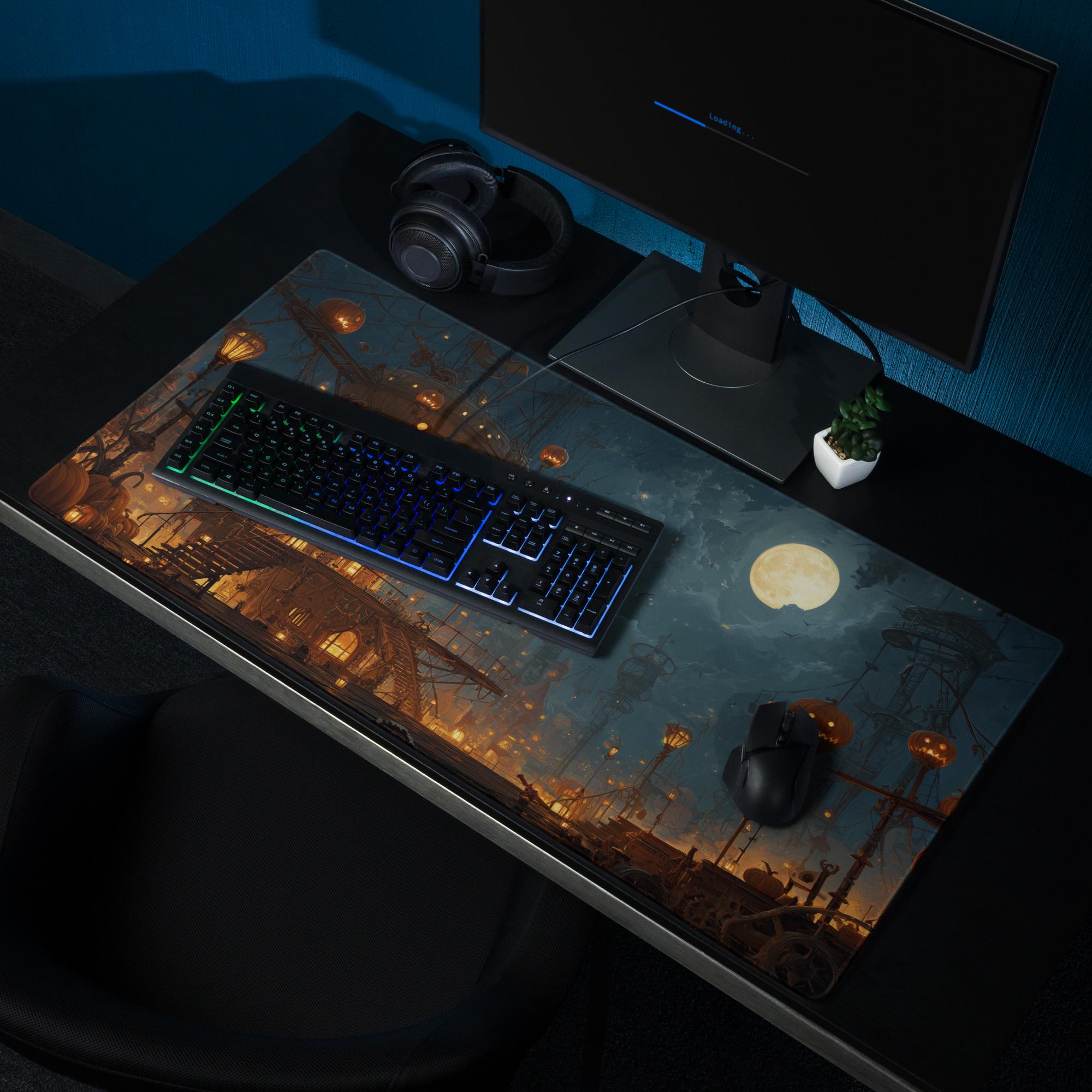 Steampunk Halloween House Desk Mat | Spooky Large Mouse Pad Jack O Lantern Pumpkin, Fantasy Moon Night, Gaming Desk Setup Gift and Accessory