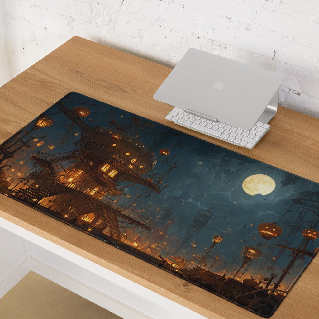 Steampunk Halloween House Desk Mat | Spooky Large Mouse Pad Jack O Lantern Pumpkin, Fantasy Moon Night, Gaming Desk Setup Gift and Accessory