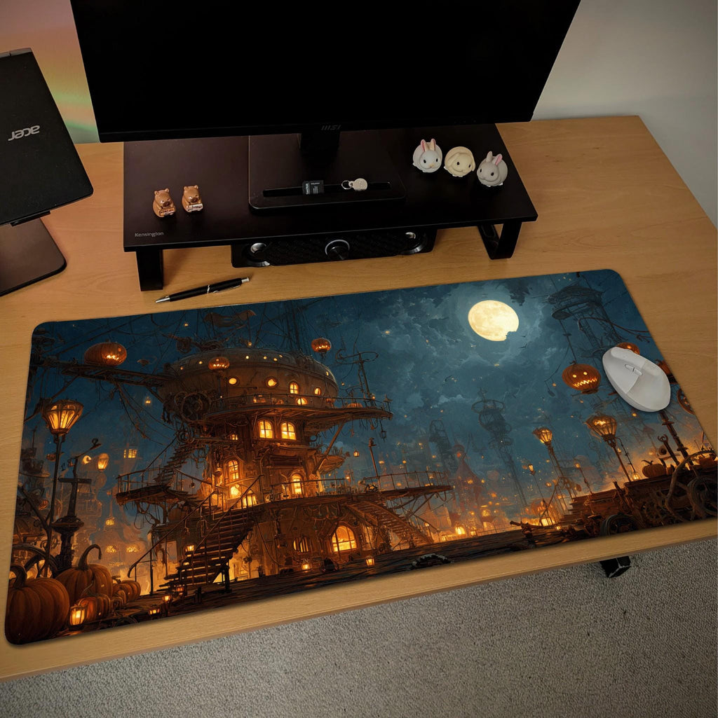 Steampunk Halloween House Desk Mat | Spooky Large Mouse Pad Jack O Lantern Pumpkin, Fantasy Moon Night, Gaming Desk Setup Gift and Accessory