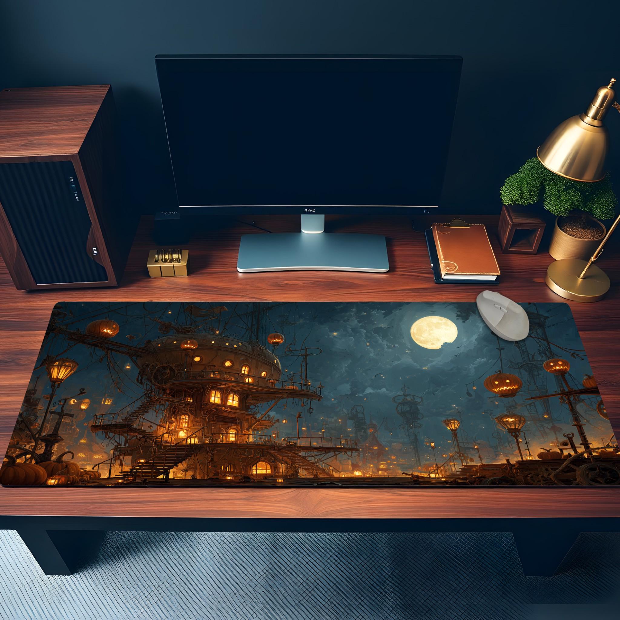 Steampunk Halloween House Desk Mat | Spooky Large Mouse Pad Jack O Lantern Pumpkin, Fantasy Moon Night, Gaming Desk Setup Gift and Accessory