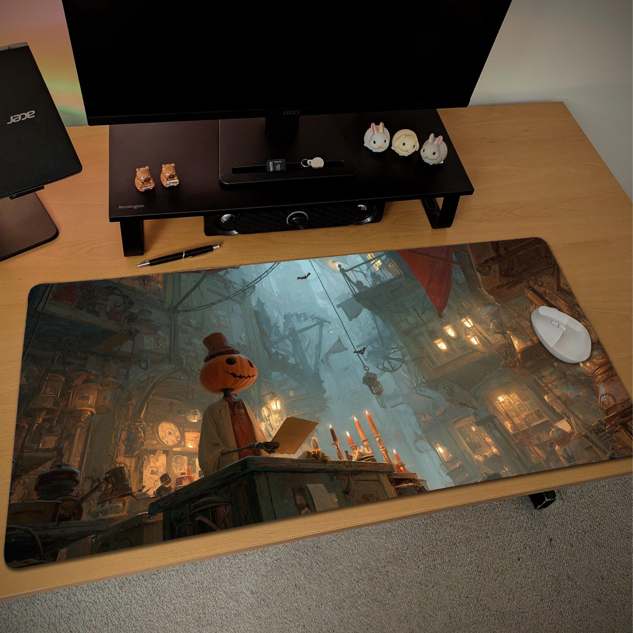 Fantasy Halloween Desk Mat | Spooky Pumpkin Head Large Mouse Pad, Gothic Dark Gaslamp Gaming Scene XL Desk Pad