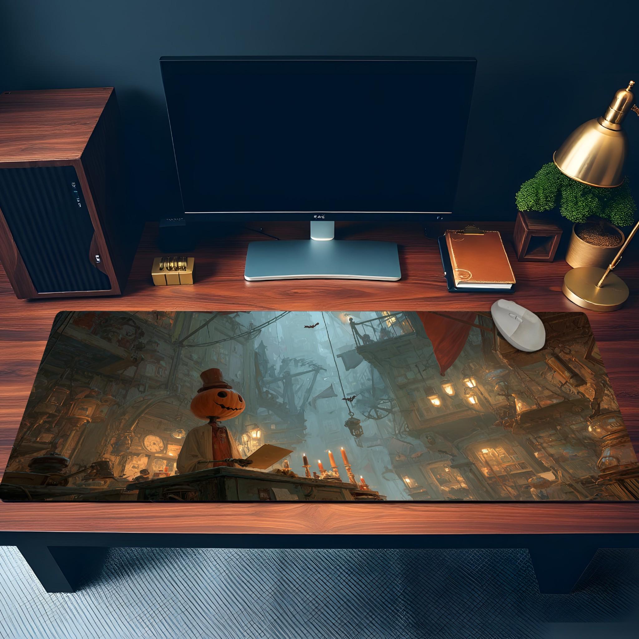 Fantasy Halloween Desk Mat | Spooky Pumpkin Head Large Mouse Pad, Gothic Dark Gaslamp Gaming Scene XL Desk Pad