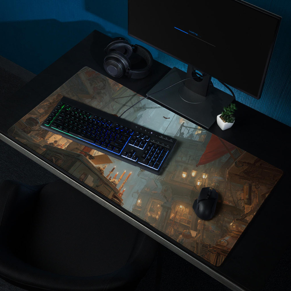 Fantasy Halloween Desk Mat | Spooky Pumpkin Head Large Mouse Pad, Gothic Dark Gaslamp Gaming Scene XL Desk Pad