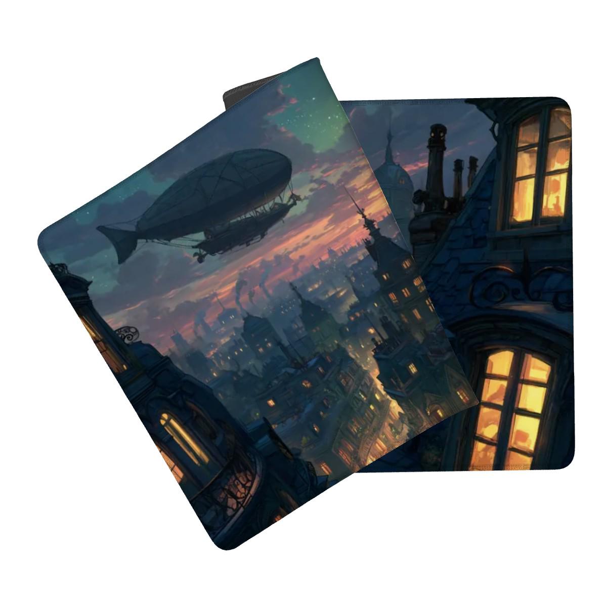 Fantasy Rooftop Desk Mat | Victorian Steampunk Skyline Mouse Pad | Blue Night Sky Cityscape Desk Pad for Gaming & Cozy Office