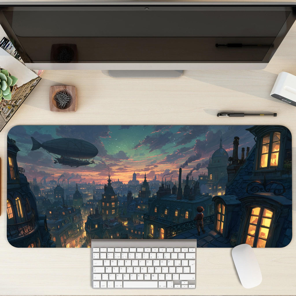Fantasy Rooftop Desk Mat | Victorian Steampunk Skyline Mouse Pad | Blue Night Sky Cityscape Desk Pad for Gaming & Cozy Office