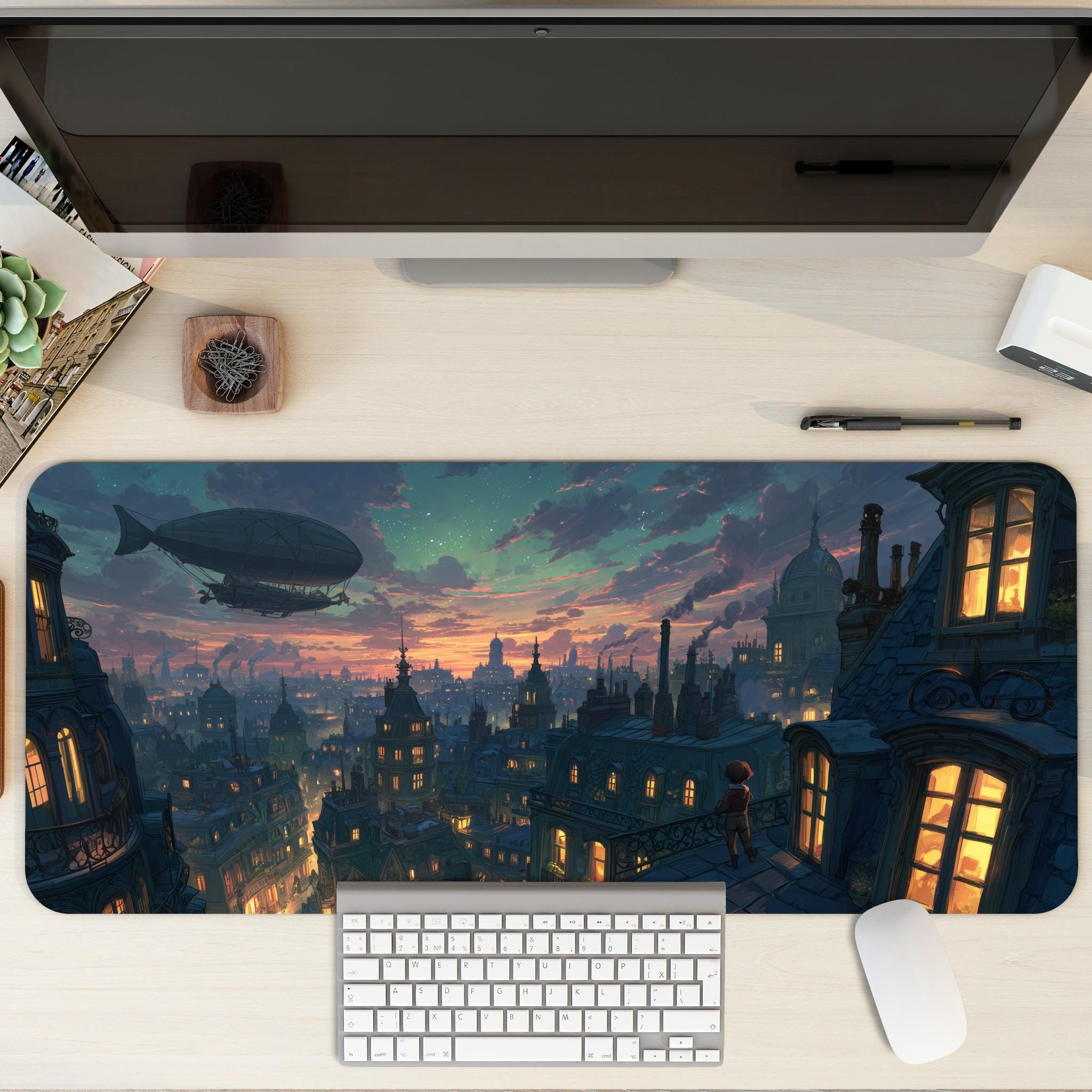 Fantasy Rooftop Desk Mat | Victorian Steampunk Skyline Mouse Pad | Blue Night Sky Cityscape Desk Pad for Gaming & Cozy Office