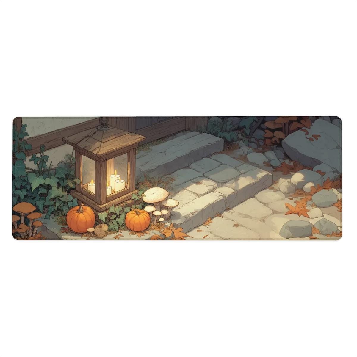 Halloween Lantern Desk Mat | RPG Cottage Autumn Pumpkins & Mushrooms Mouse Pad | Large Cottagecore Illustration Desk Pad