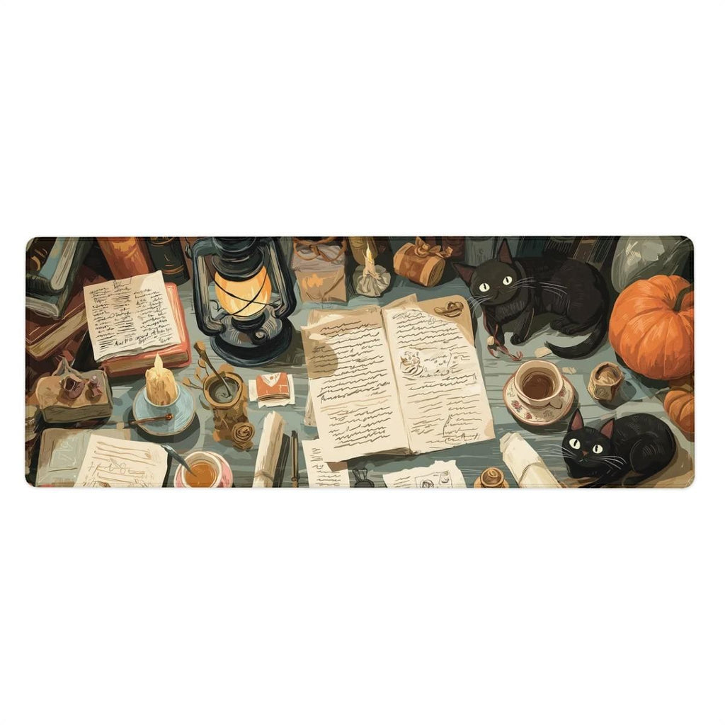 Witchy Halloween Desk Mat | Grimoire Scholarly Desk, Black Cats and Pumpkin Mouse Pad – Medieval Theme Desk Art
