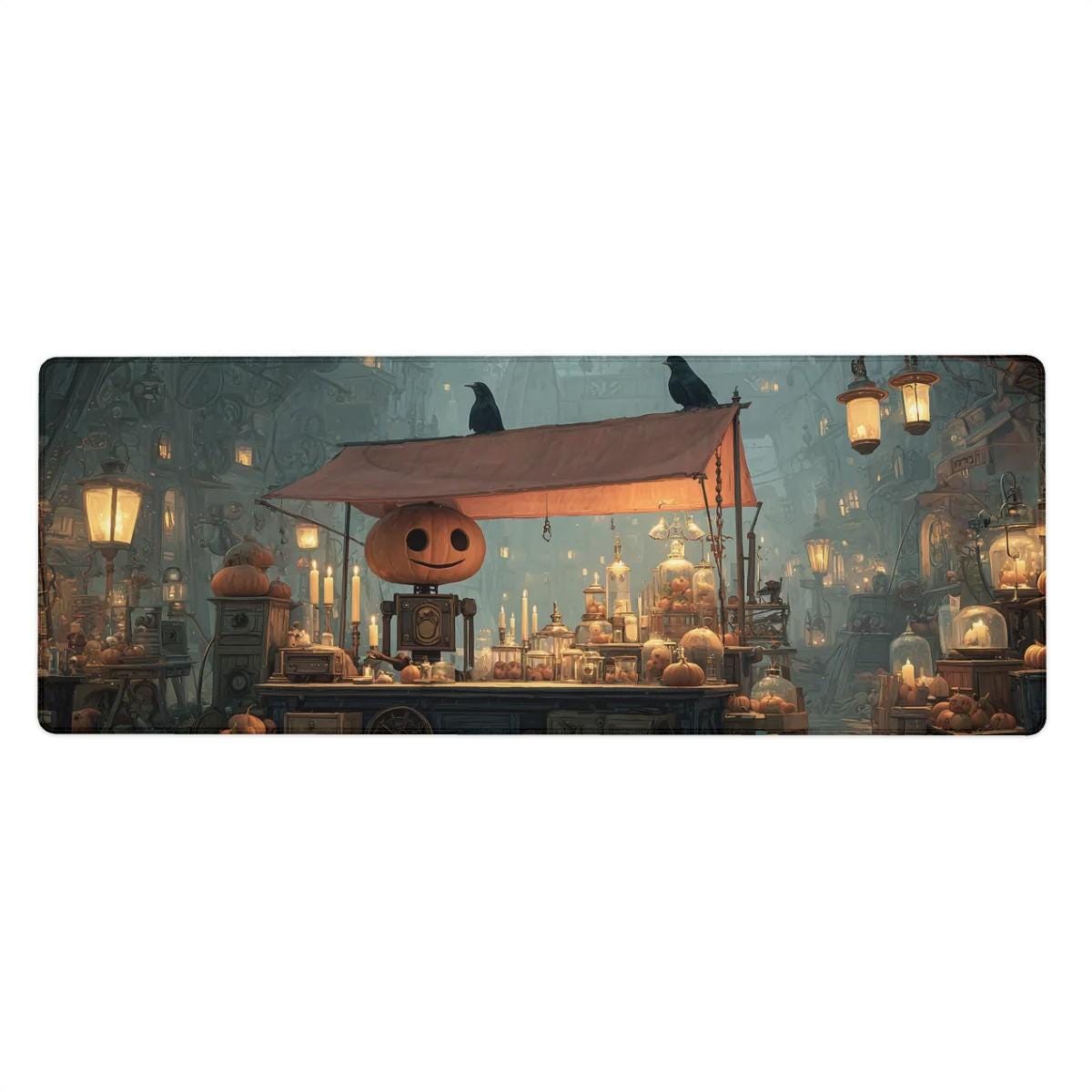 Pumpkin Head Market Desk Mat | Halloween Steampunk, Gothic Large Mouse Pad | Fantasy Game Art Decor Desk Accessory