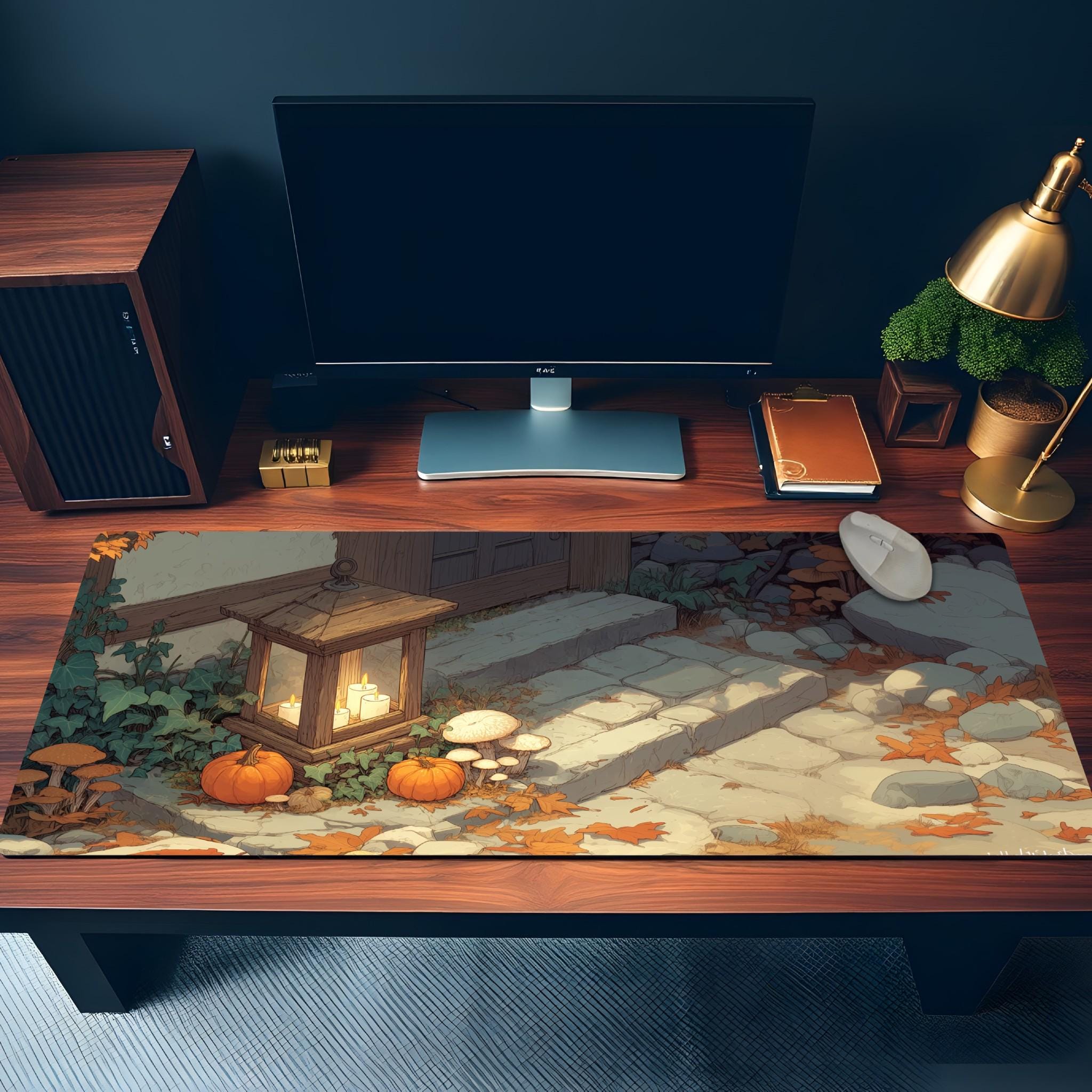 Halloween Lantern Desk Mat | RPG Cottage Autumn Pumpkins & Mushrooms Mouse Pad | Large Cottagecore Illustration Desk Pad