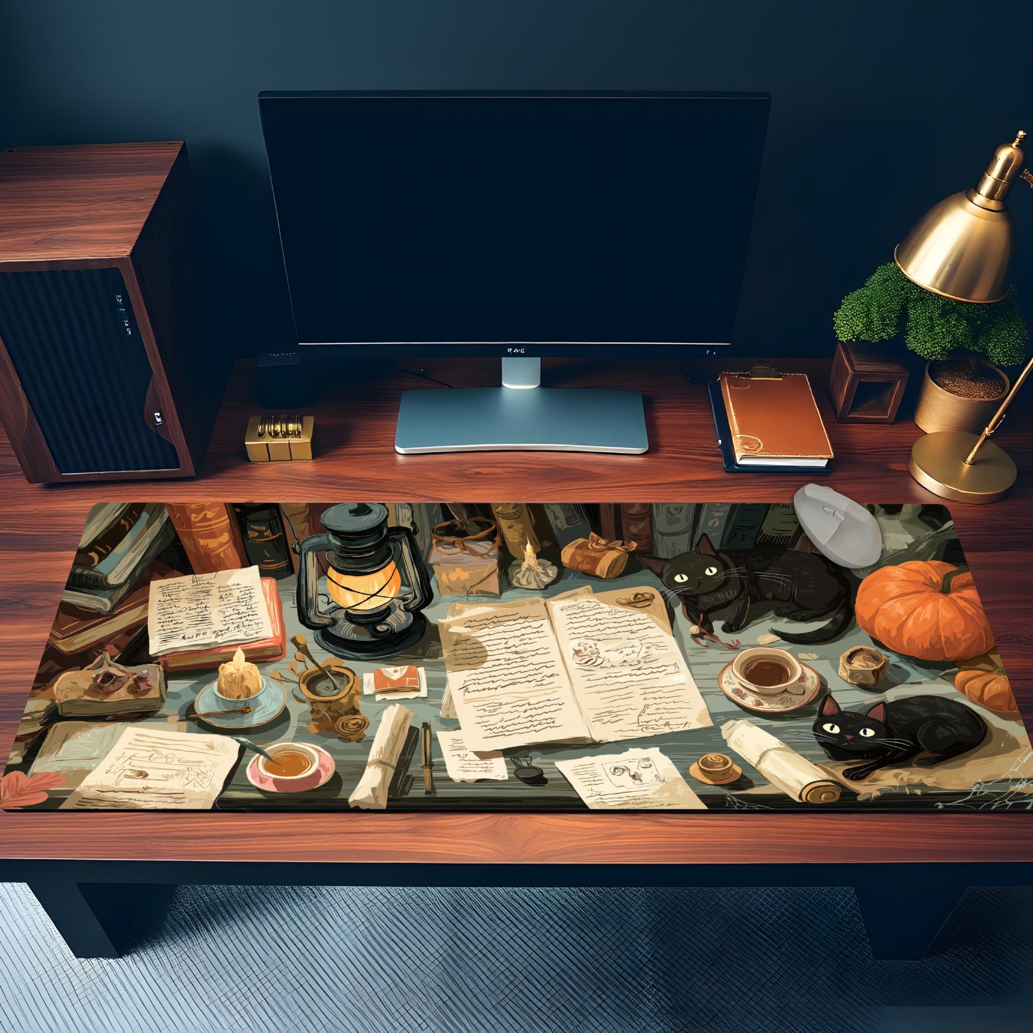 Witchy Halloween Desk Mat | Grimoire Scholarly Desk, Black Cats and Pumpkin Mouse Pad – Medieval Theme Desk Art