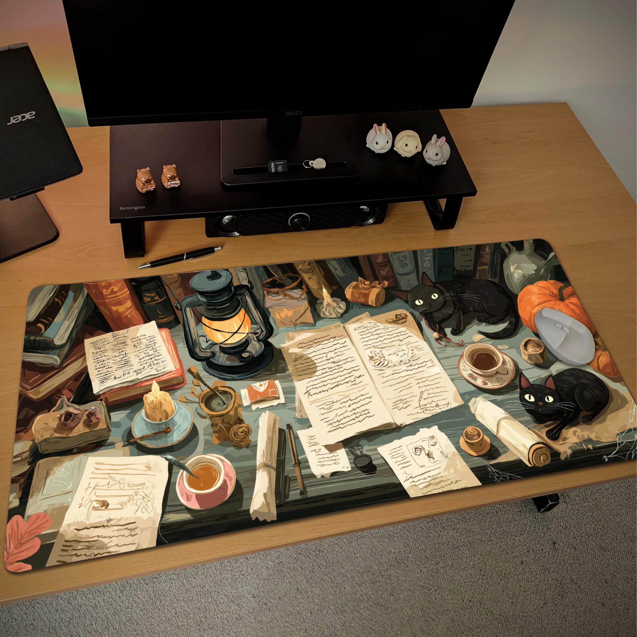 Witchy Halloween Desk Mat | Grimoire Scholarly Desk, Black Cats and Pumpkin Mouse Pad – Medieval Theme Desk Art