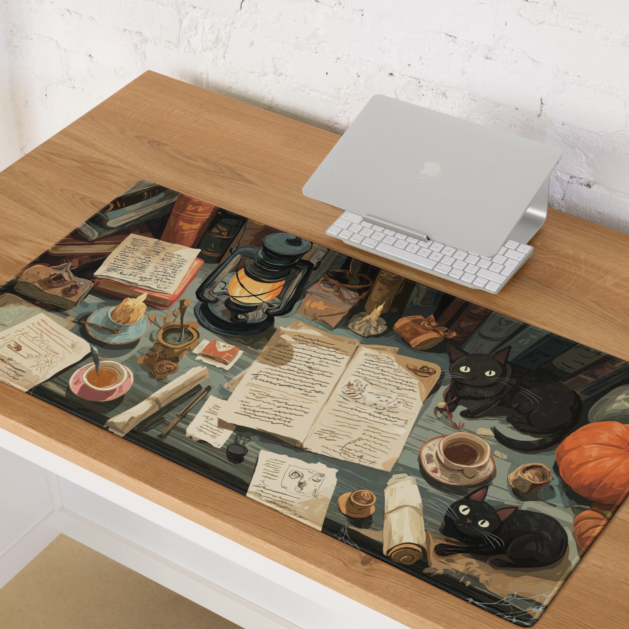 Witchy Halloween Desk Mat | Grimoire Scholarly Desk, Black Cats and Pumpkin Mouse Pad – Medieval Theme Desk Art