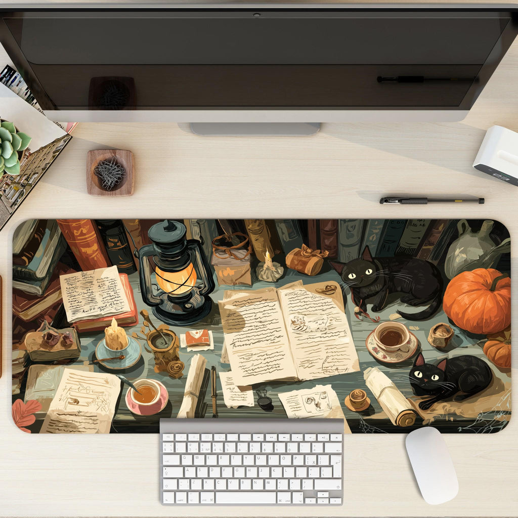 Witchy Halloween Desk Mat | Grimoire Scholarly Desk, Black Cats and Pumpkin Mouse Pad – Medieval Theme Desk Art