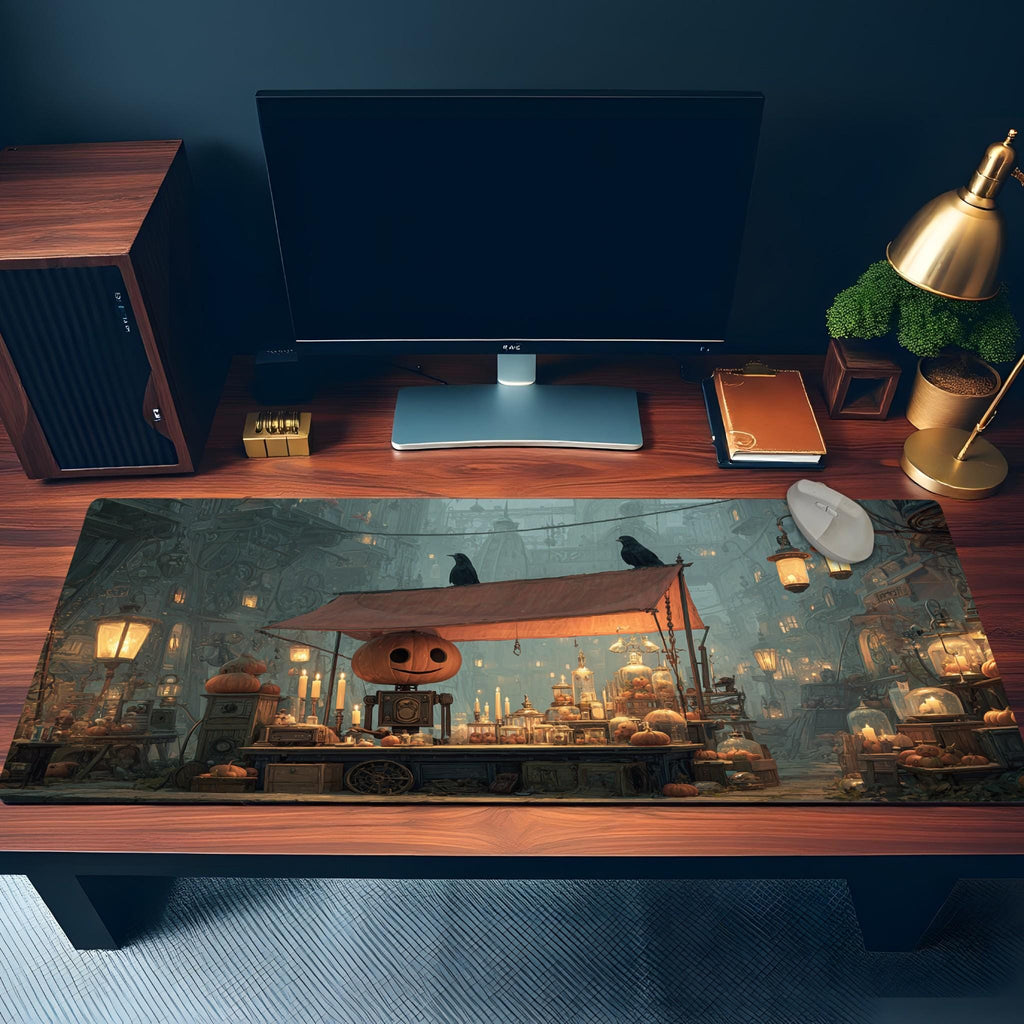 Pumpkin Head Market Desk Mat | Halloween Steampunk, Gothic Large Mouse Pad | Fantasy Game Art Decor Desk Accessory