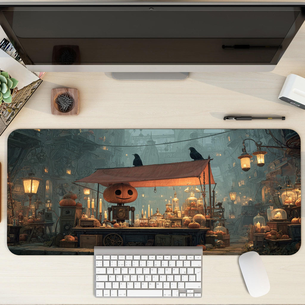 Pumpkin Head Market Desk Mat | Halloween Steampunk, Gothic Large Mouse Pad | Fantasy Game Art Decor Desk Accessory